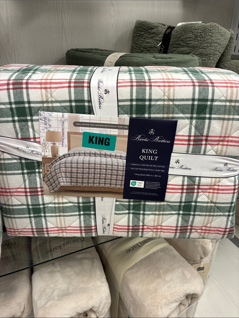 Brooks Brothers King Quilt - Green Plaid Cotton Quilt